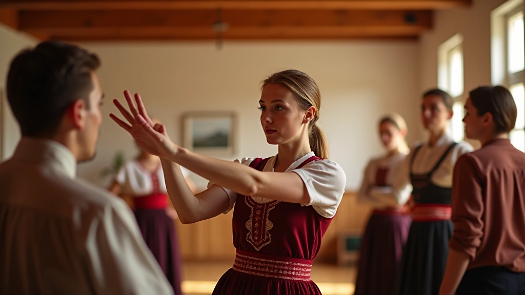 Dance instructor demonstrating proper posture and arm positioning to a group of attentive students in traditional costumes
