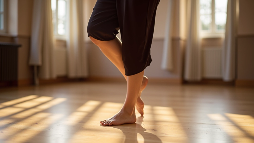 Dance instructor showing basic footwork positions to new students