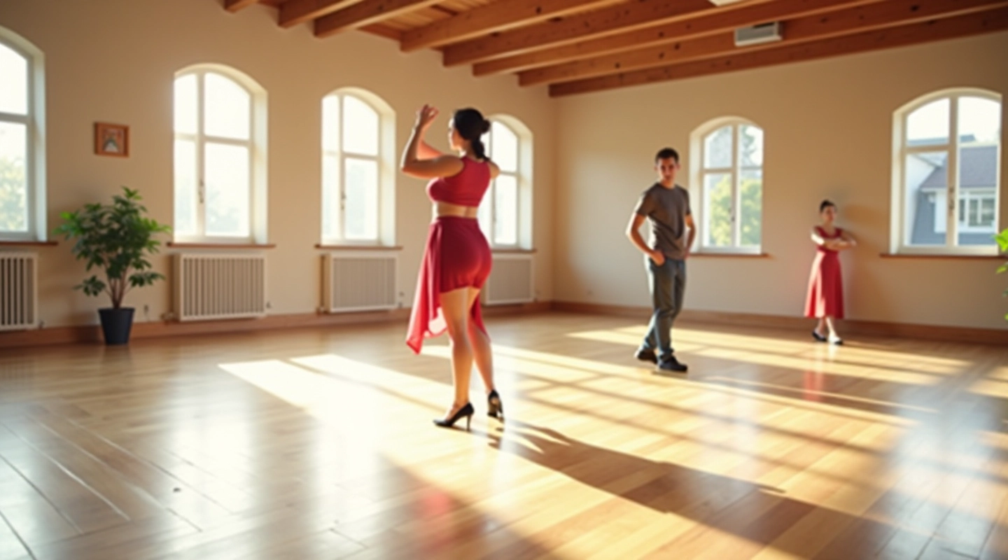 Modern dance studio with wooden floor and traditional folk dance setup