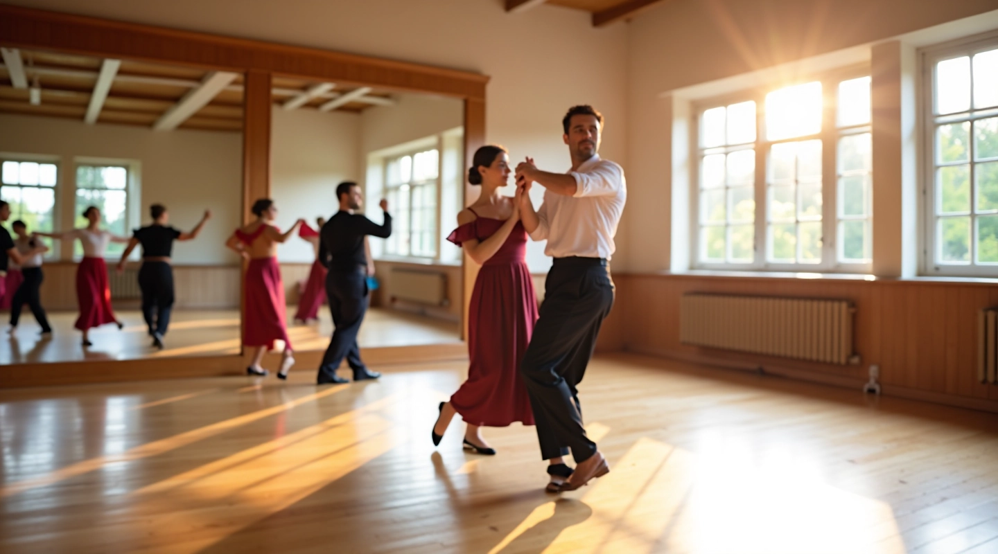 Modern folk dance studio with wooden flooring and mirrors