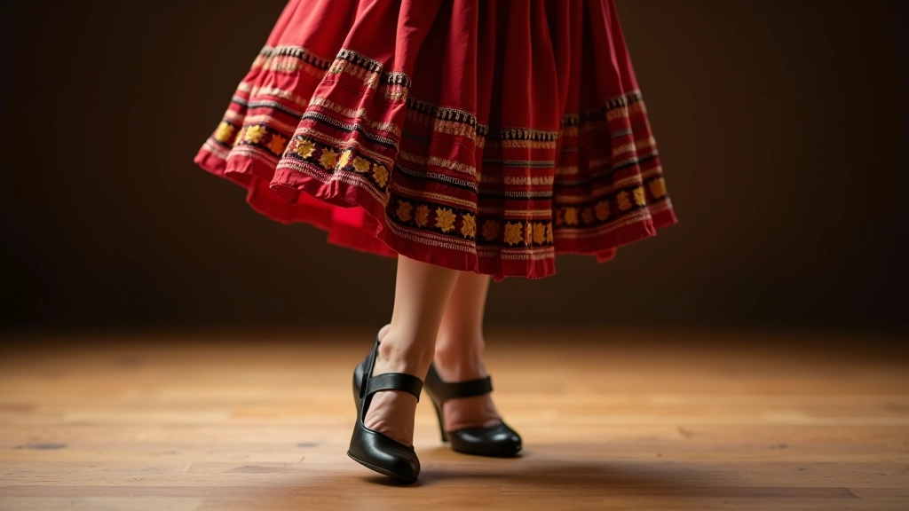 Dancer demonstrating correct heel-first foot placement during traditional folk dance movement on wooden studio floor