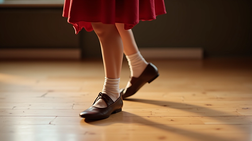 Close-up view of dancer's lower body showing proper foot positioning and stance width during traditional folk dance movement