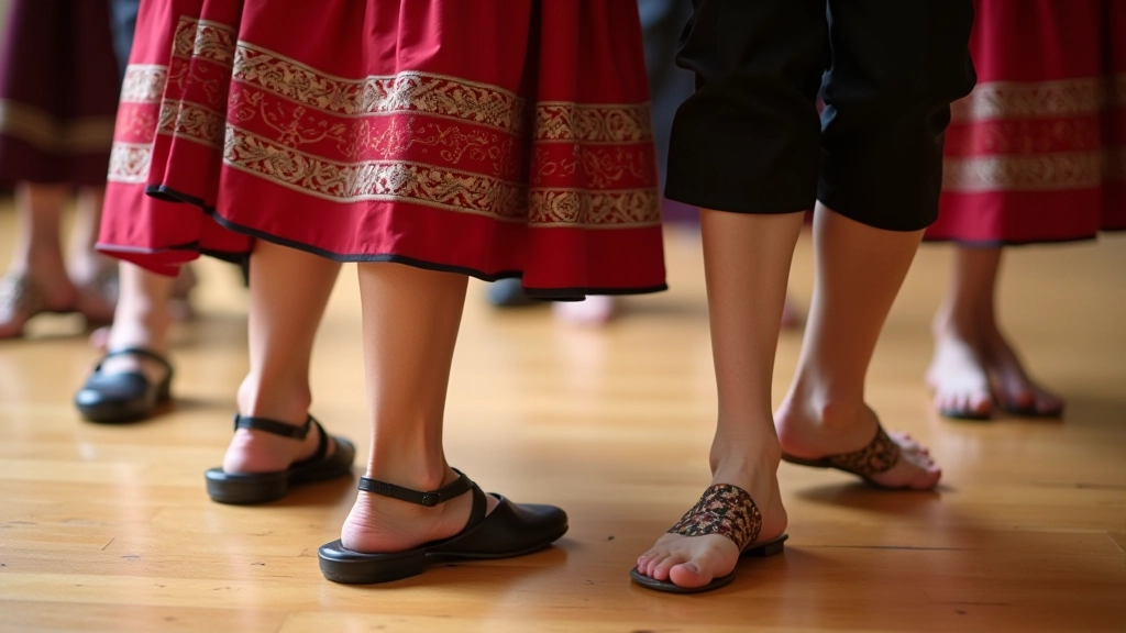 Close-up view of dancers' feet showing proper spacing and alignment during traditional folk dance formation steps