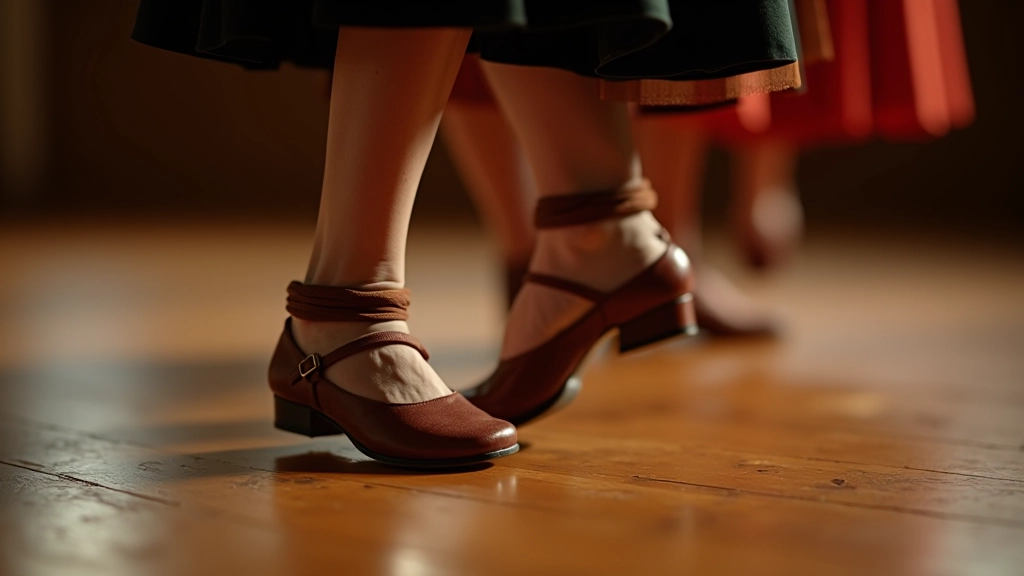 Close-up of feet in traditional folk dance shoes positioned on wooden dance floor, showing proper stance and alignment