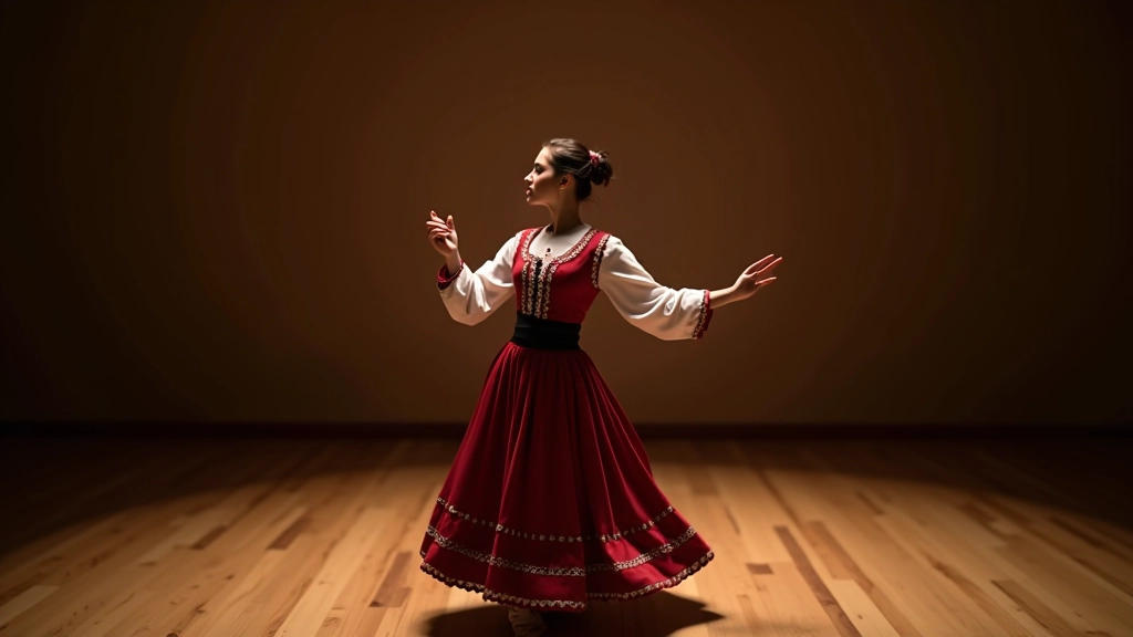 Dancer in traditional costume performing a turn with proper posture, captured mid-rotation showing core engagement and balanced weight distribution