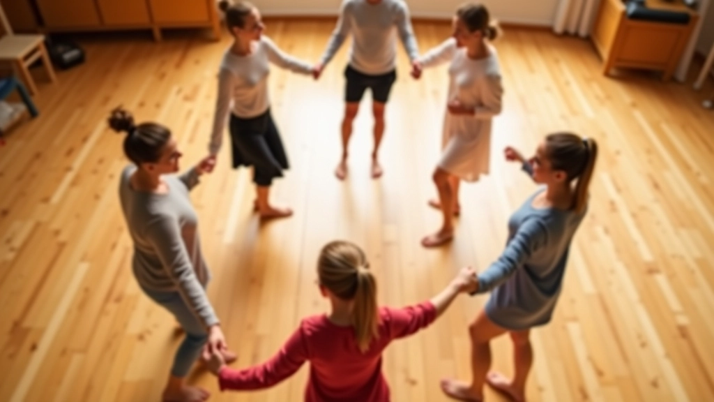 Group of dancers in circle formation performing synchronized steps together