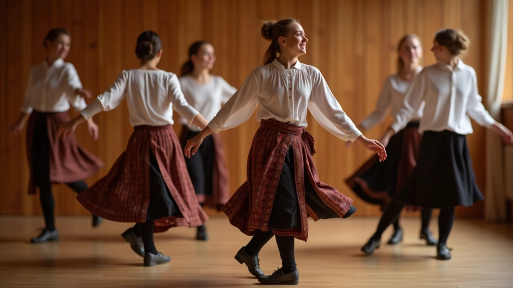 Group of dancers moving in synchronized formation, maintaining rhythm and step coordination in traditional folk dance