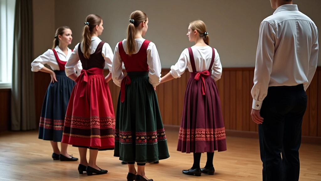 Group of students in traditional folk costumes practicing standing posture with arms at sides, instructor observing from the side