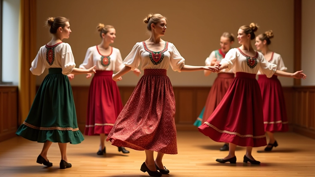 Group of folk dancers in traditional clothing moving together in synchronized rhythm, showing unity and connection through movement