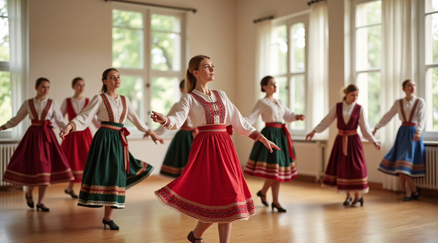 Group of dancers in traditional clothing performing synchronized folk dance movements in a studio with wooden floor