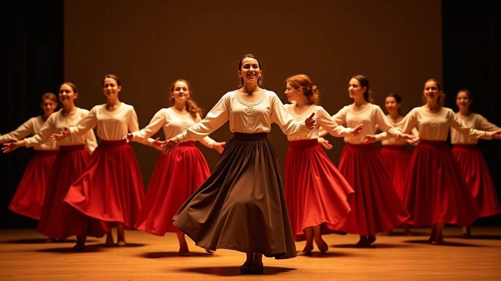 Dancers performing traditional folk dance in formation on stage with authentic period costumes and stage lighting