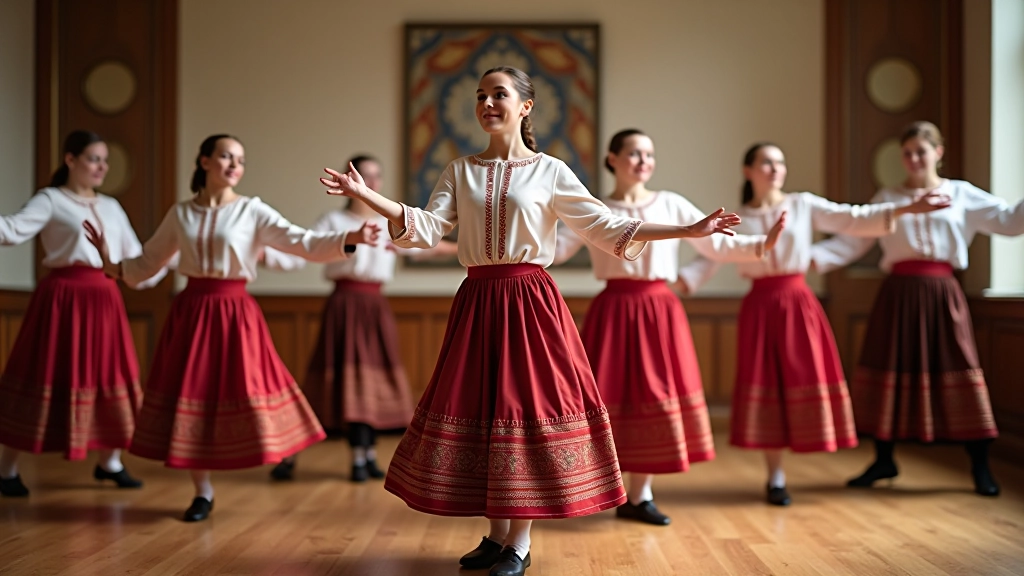 Dancers maintaining proper arm position and body alignment during synchronized formation movements in traditional costume