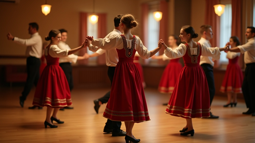 Group of dancers practicing folk dance formations together