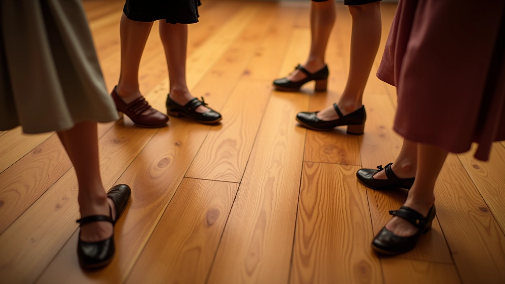 Overhead view of a circle of dancers' feet on wooden floor, showing synchronized footwork during a basic rhythm pattern