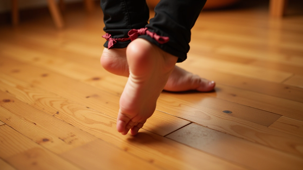 Overhead view of dancer's feet showing proper step width and spacing during folk dance movement on wooden floor