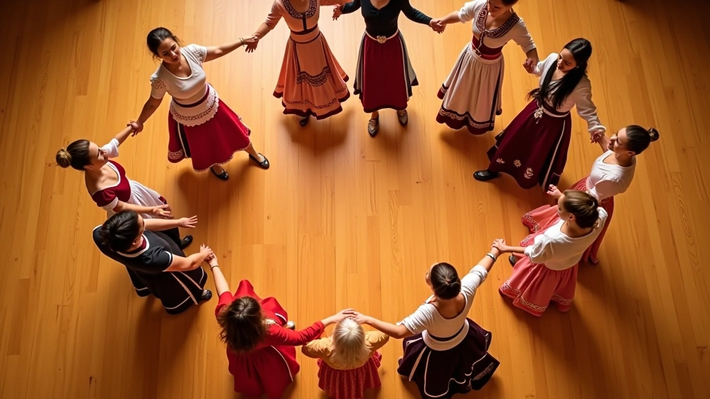 Overhead view of multiple dancers arranged in traditional folk dance formation pattern on wooden floor