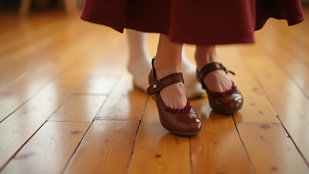 Close-up of feet in traditional folk dance shoes performing basic step patterns on polished wooden dance floor