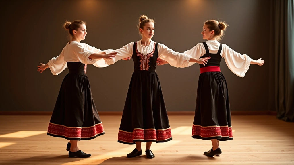 Three dancers in traditional costume practicing synchronized steps in a circle formation with focus on footwork alignment
